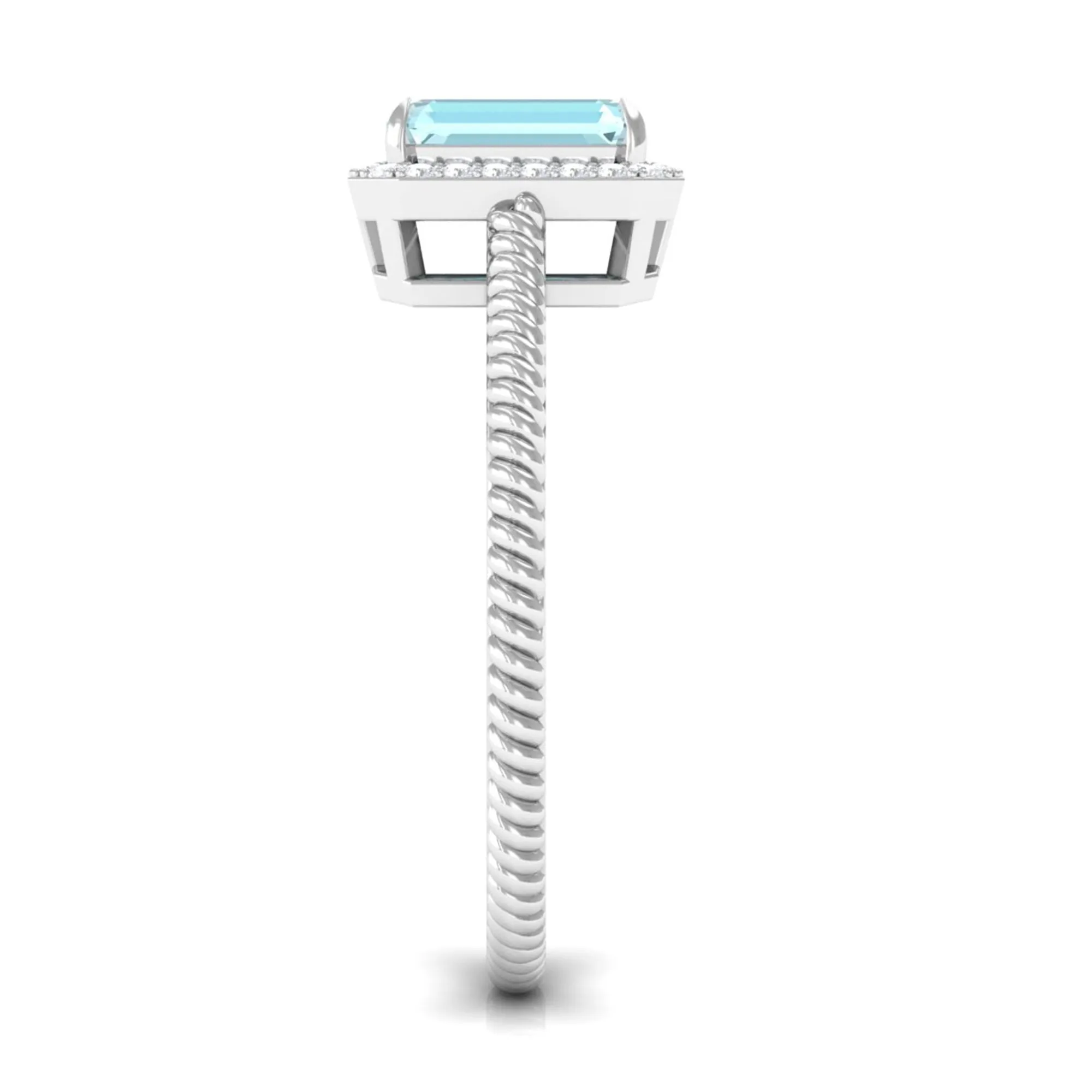 Emerald Cut Sky Blue Topaz and Diamond Halo Ring