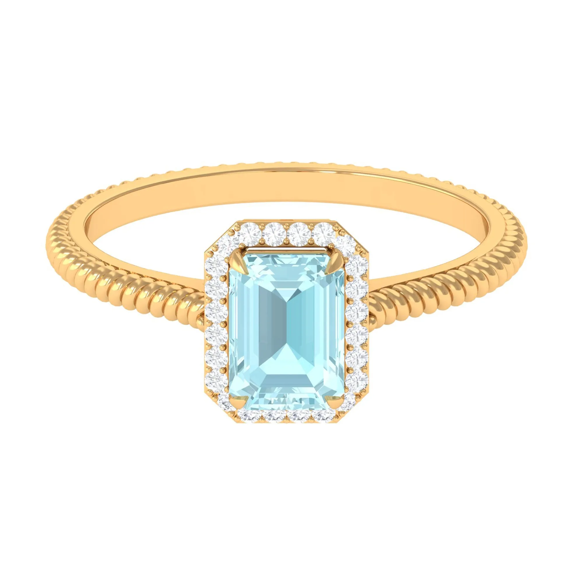 Emerald Cut Sky Blue Topaz and Diamond Halo Ring