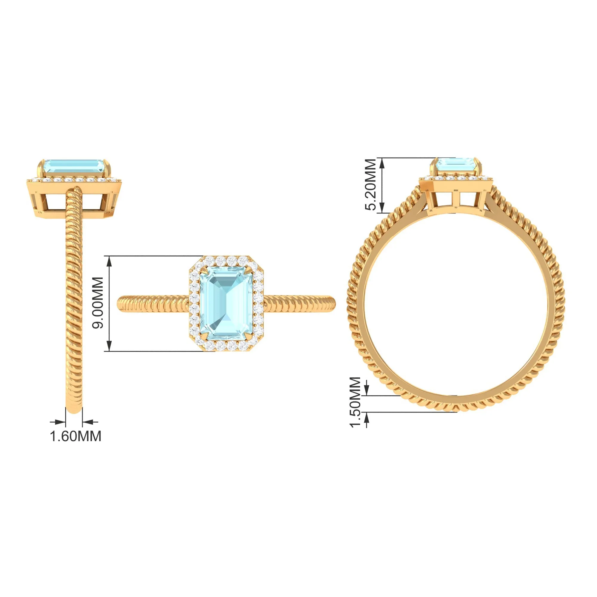 Emerald Cut Sky Blue Topaz and Diamond Halo Ring
