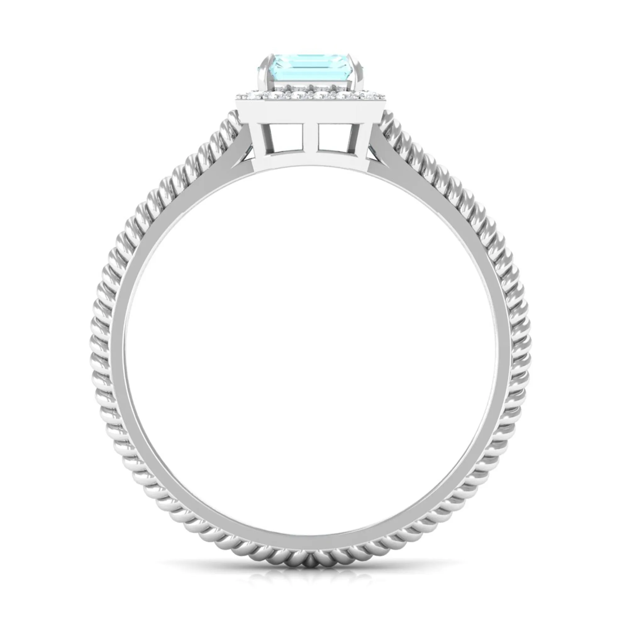 Emerald Cut Sky Blue Topaz and Diamond Halo Ring