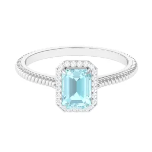 Emerald Cut Sky Blue Topaz and Diamond Halo Ring
