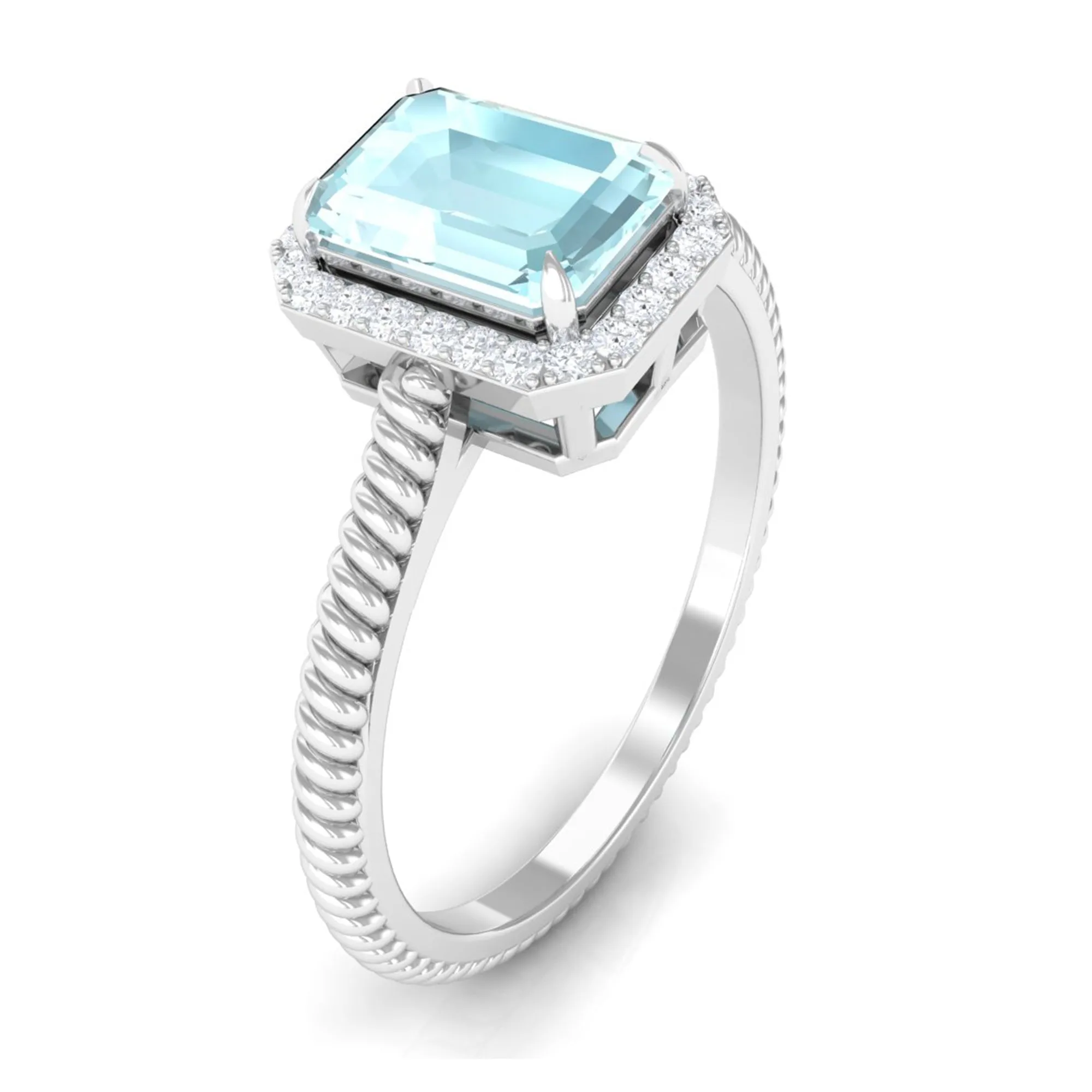 Emerald Cut Sky Blue Topaz and Diamond Halo Ring