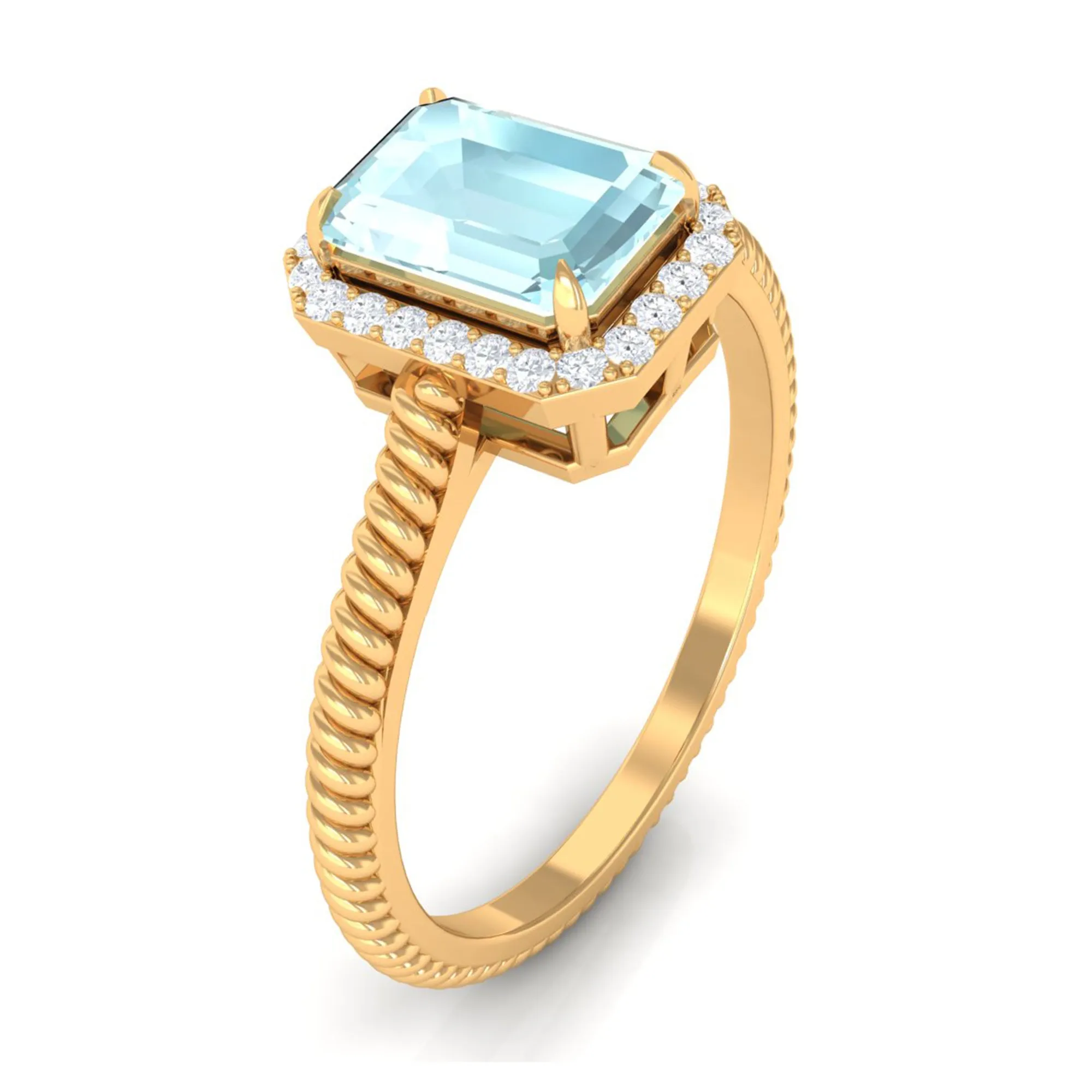 Emerald Cut Sky Blue Topaz and Diamond Halo Ring