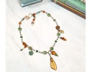 Forest Butterfly Wing Necklace in Green and Amber with Ceramic and Glass Beads, Adjustable Length
