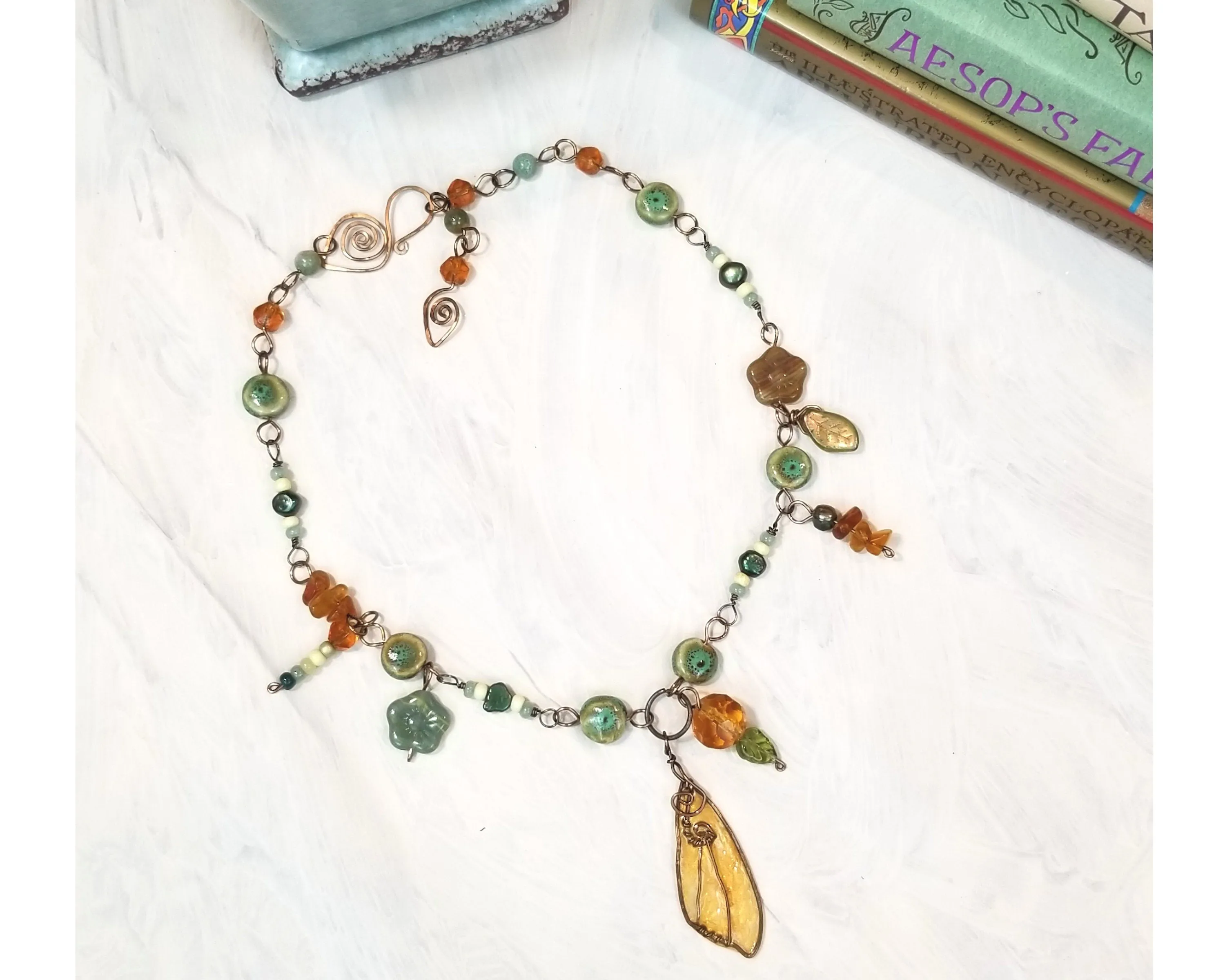 Forest Butterfly Wing Necklace in Green and Amber with Ceramic and Glass Beads, Adjustable Length