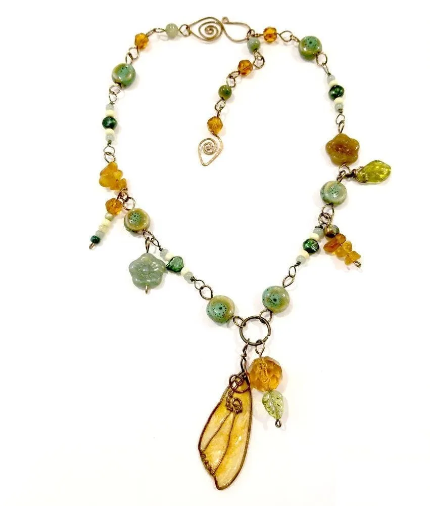 Forest Butterfly Wing Necklace in Green and Amber with Ceramic and Glass Beads, Adjustable Length