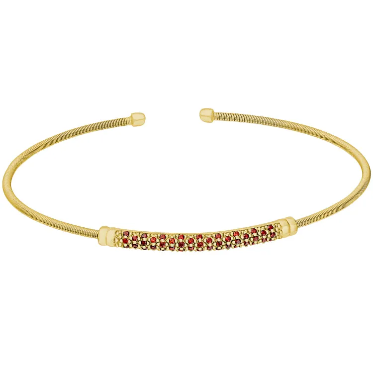 Gold Finish Sterling Silver Cable Cuff Bracelet with Three Rows of Simulated Ruby Birth Gems - July