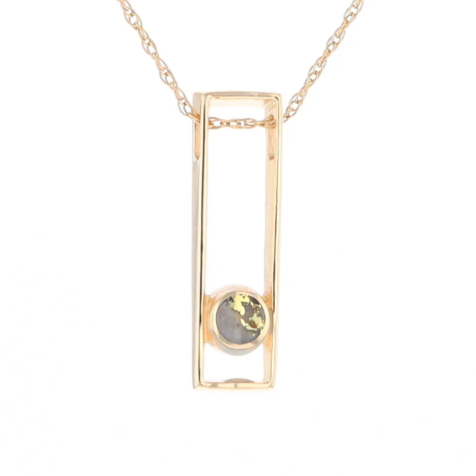 Gold Quartz Necklace Round Inlay Long Open Rectangle Design Pendant