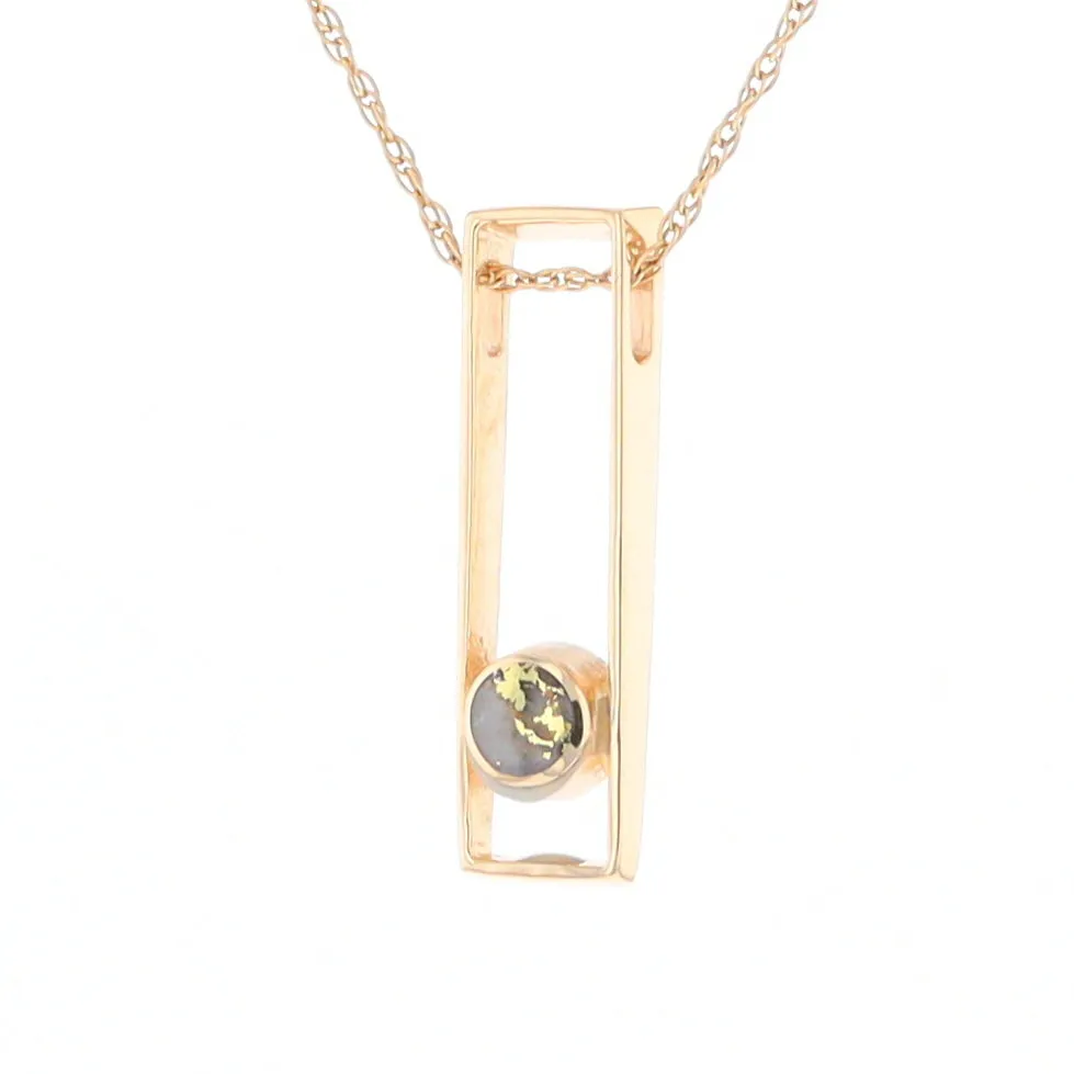 Gold Quartz Necklace Round Inlay Long Open Rectangle Design Pendant