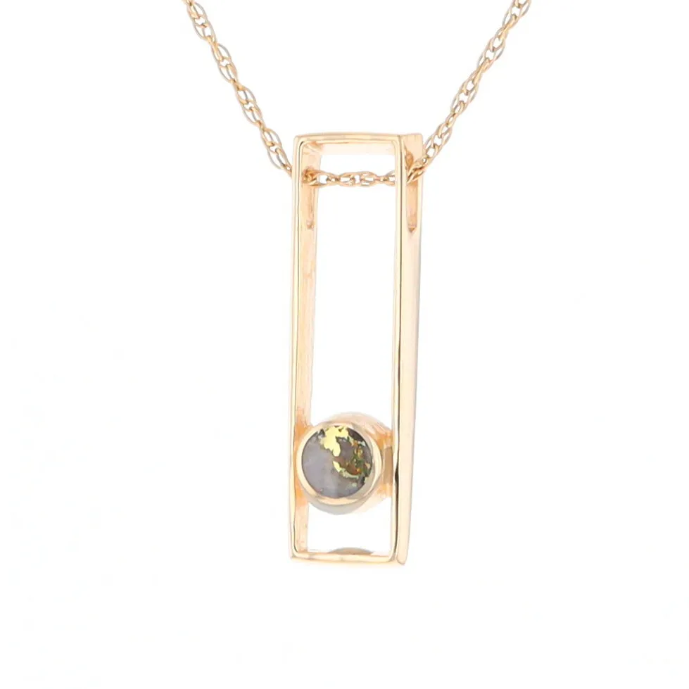 Gold Quartz Necklace Round Inlay Long Open Rectangle Design Pendant