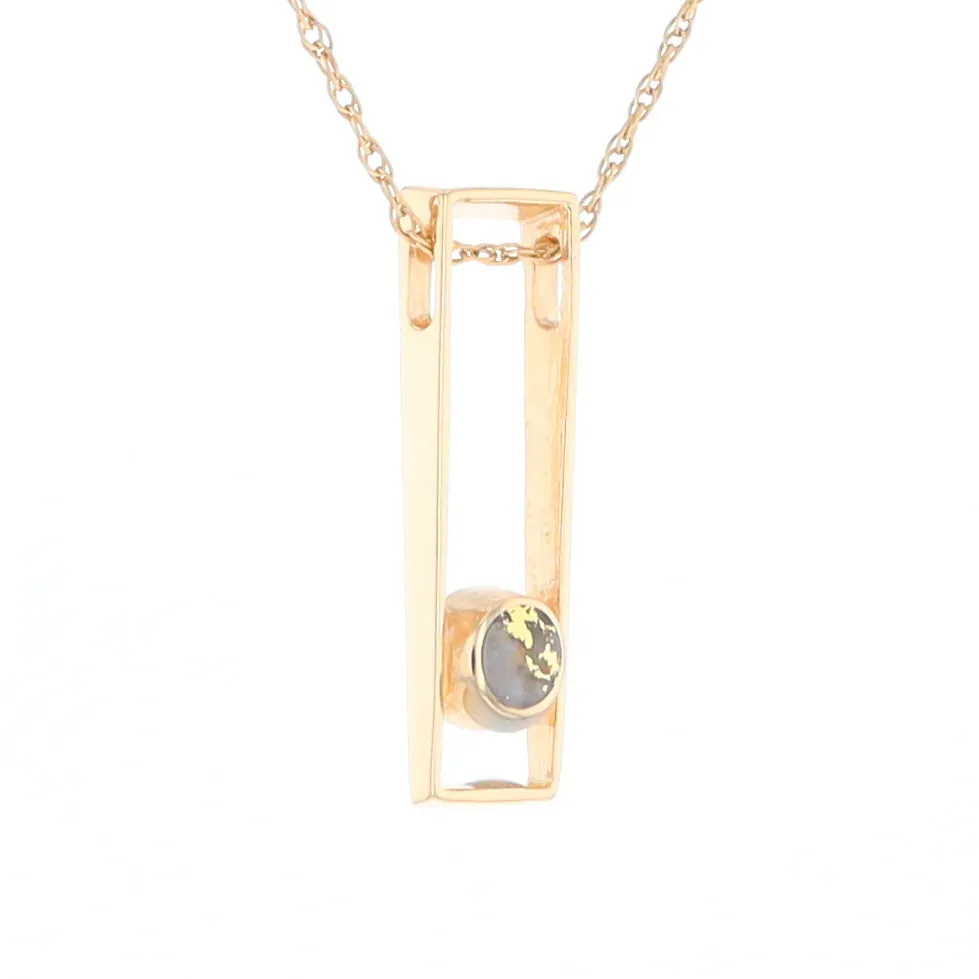 Gold Quartz Necklace Round Inlay Long Open Rectangle Design Pendant