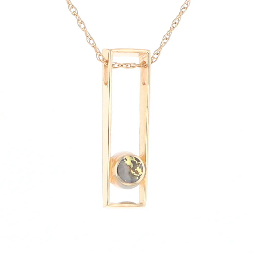 Gold Quartz Necklace Round Inlay Long Open Rectangle Design Pendant
