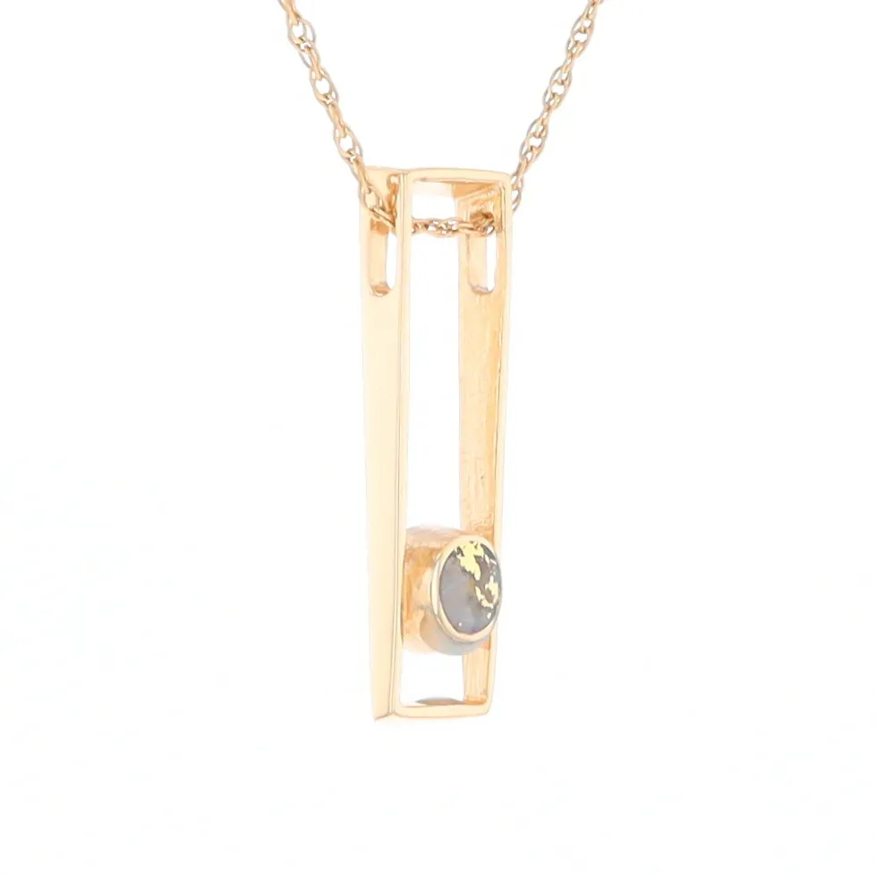 Gold Quartz Necklace Round Inlay Long Open Rectangle Design Pendant