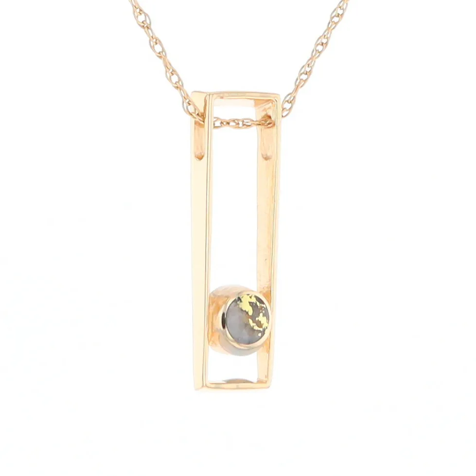Gold Quartz Necklace Round Inlay Long Open Rectangle Design Pendant