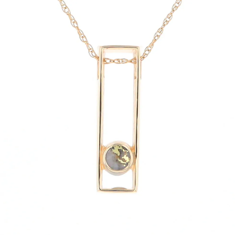 Gold Quartz Necklace Round Inlay Long Open Rectangle Design Pendant