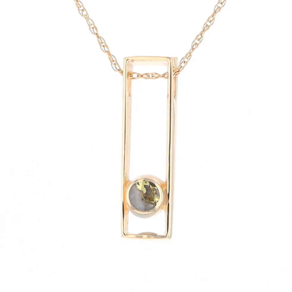 Gold Quartz Necklace Round Inlay Long Open Rectangle Design Pendant