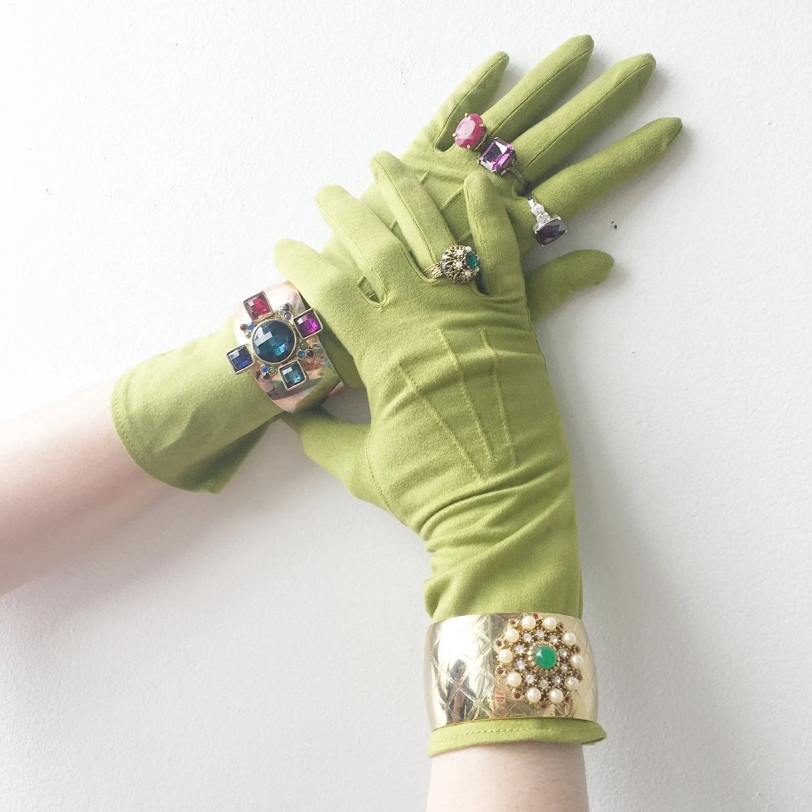 Green Emerald Red Ruby Pearls Cuff Vintage Jewelry