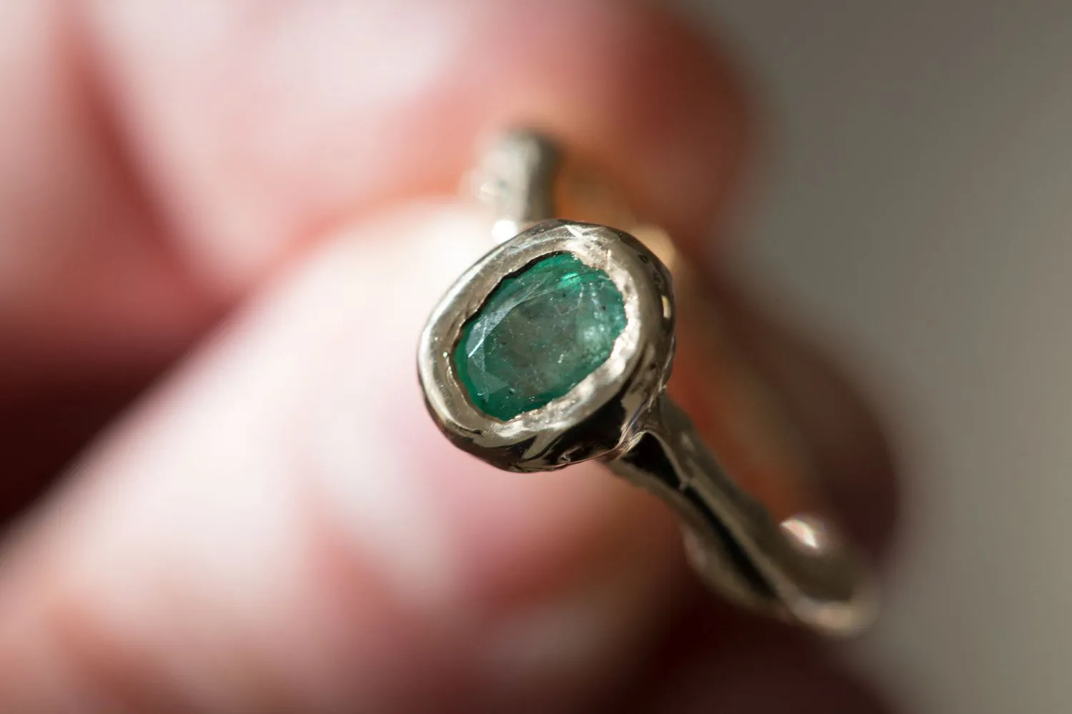 Green Emerald Yellow Gold Ring - March Birthstone - Natural Emerald Organic Ring - Freeform hand carved recycled gold ring by Anueva Jewelry