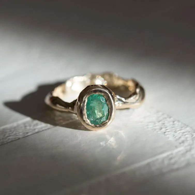 Green Emerald Yellow Gold Ring - March Birthstone - Natural Emerald Organic Ring - Freeform hand carved recycled gold ring by Anueva Jewelry