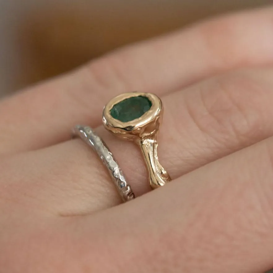 Green Emerald Yellow Gold Ring - March Birthstone - Natural Emerald Organic Ring - Freeform hand carved recycled gold ring by Anueva Jewelry