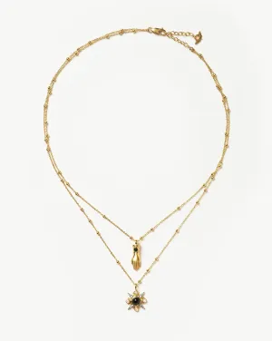 Harris Reed Handpicked Double Chain Pendant Necklace | 18k Gold Plated/Pearl & Onyx