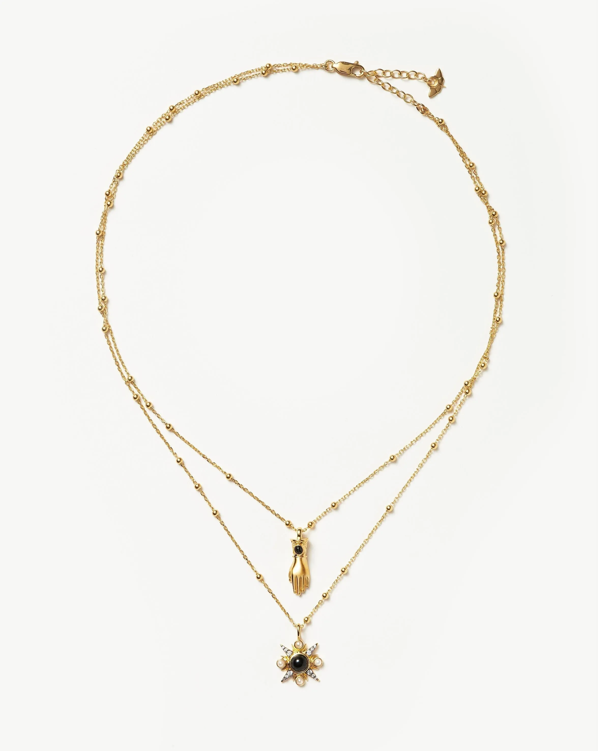 Harris Reed Handpicked Double Chain Pendant Necklace | 18k Gold Plated/Pearl & Onyx