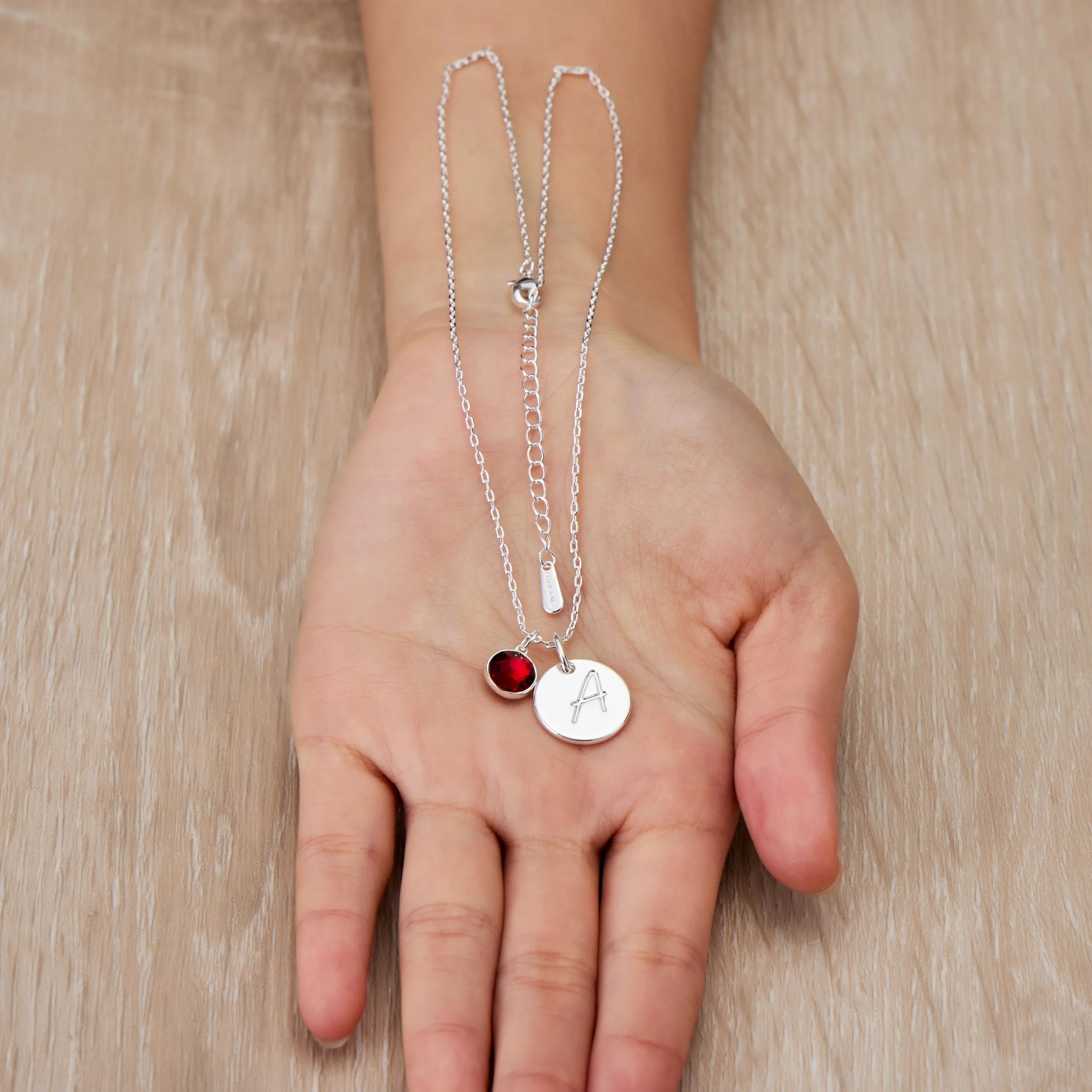 January (Garnet) Birthstone Necklace with Initial Charm (A to Z) Created with Zircondia® Crystals