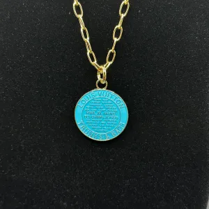 Large Turquoise LV Trunks & Bags Zipper Pull on Gold-Filled Paperclip Chain Necklace