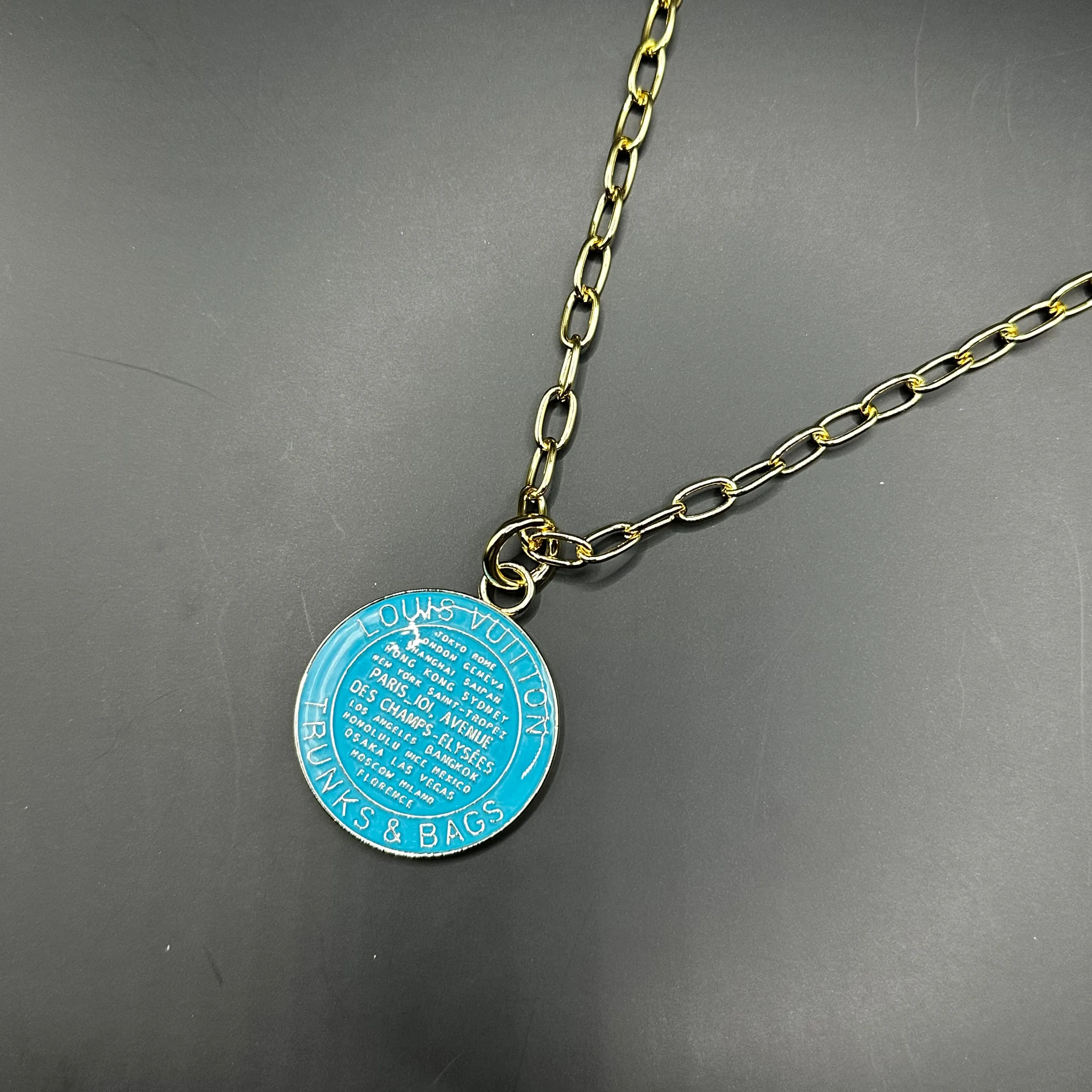 Large Turquoise LV Trunks & Bags Zipper Pull on Gold-Filled Paperclip Chain Necklace
