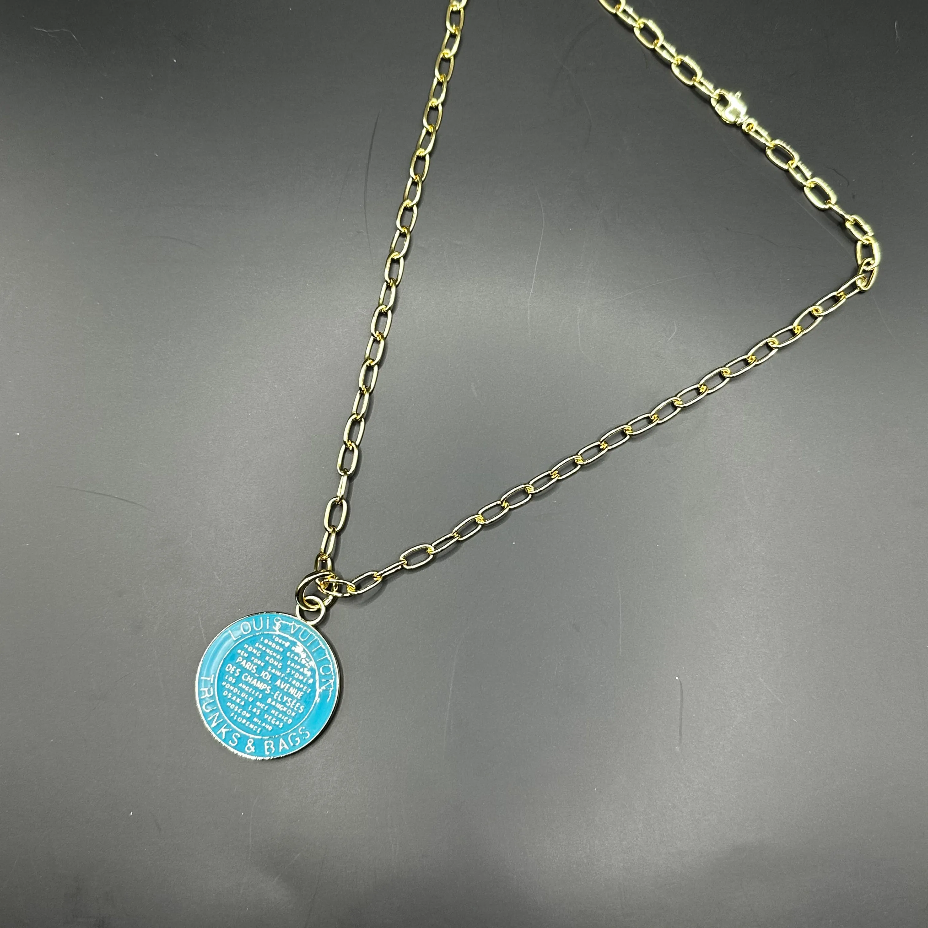 Large Turquoise LV Trunks & Bags Zipper Pull on Gold-Filled Paperclip Chain Necklace