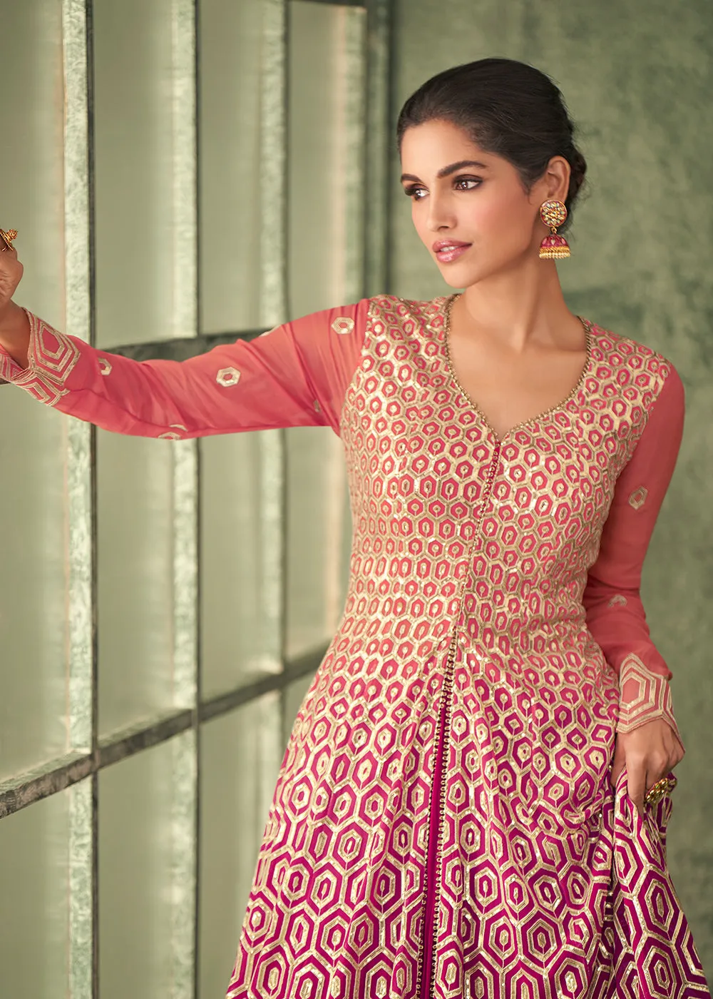 Lehenga Style Ombre Pink & Magenta Kurti Style Anarkali