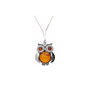 MILENA Necklace Oxidised Silver and Amber with CZ Small Owl