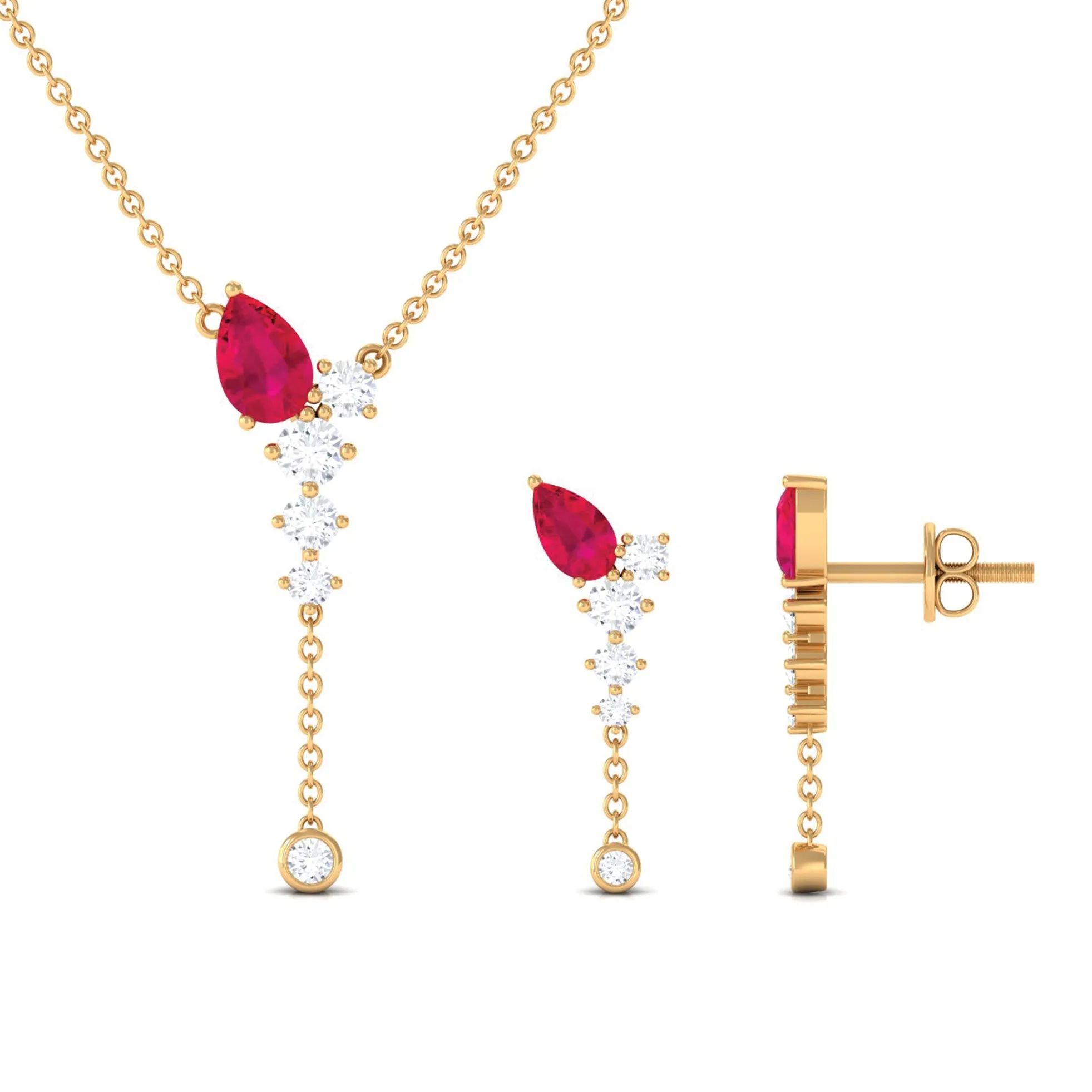 Minimal Ruby Dangle Necklace and Earrings Set with Diamond