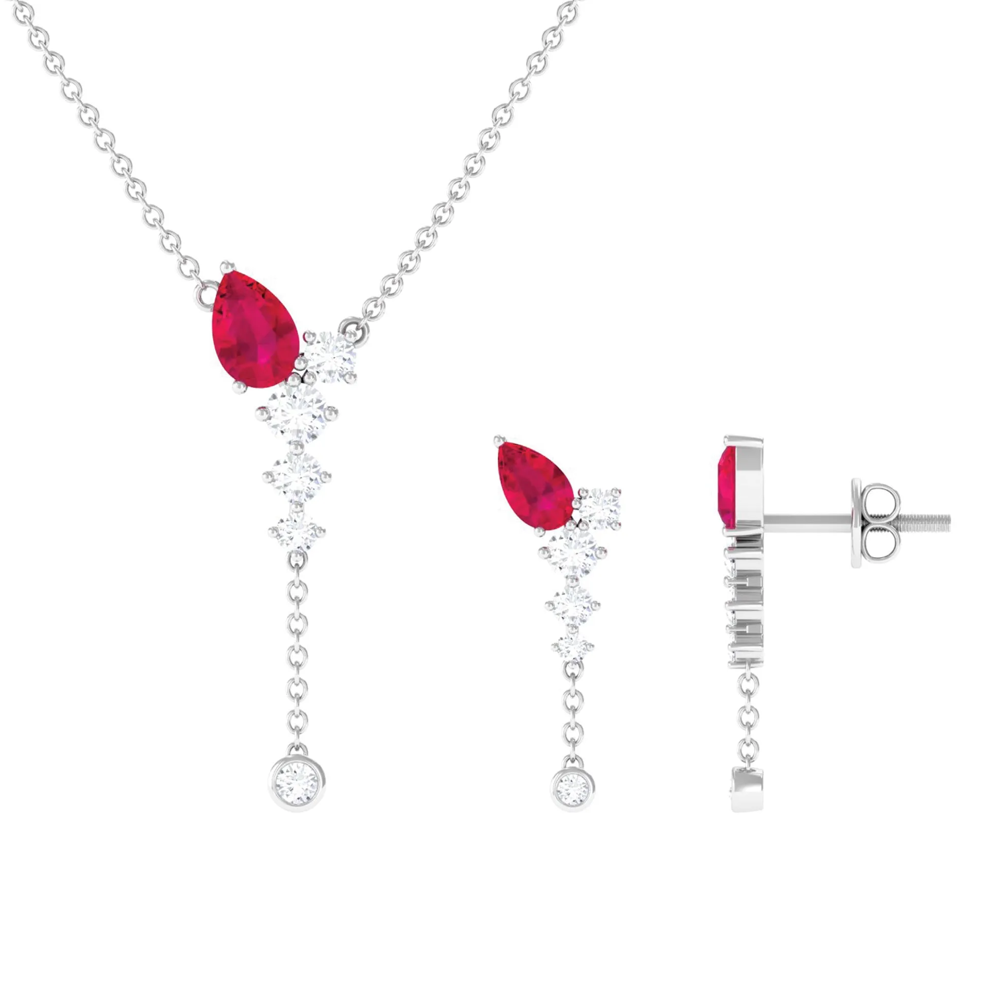 Minimal Ruby Dangle Necklace and Earrings Set with Diamond