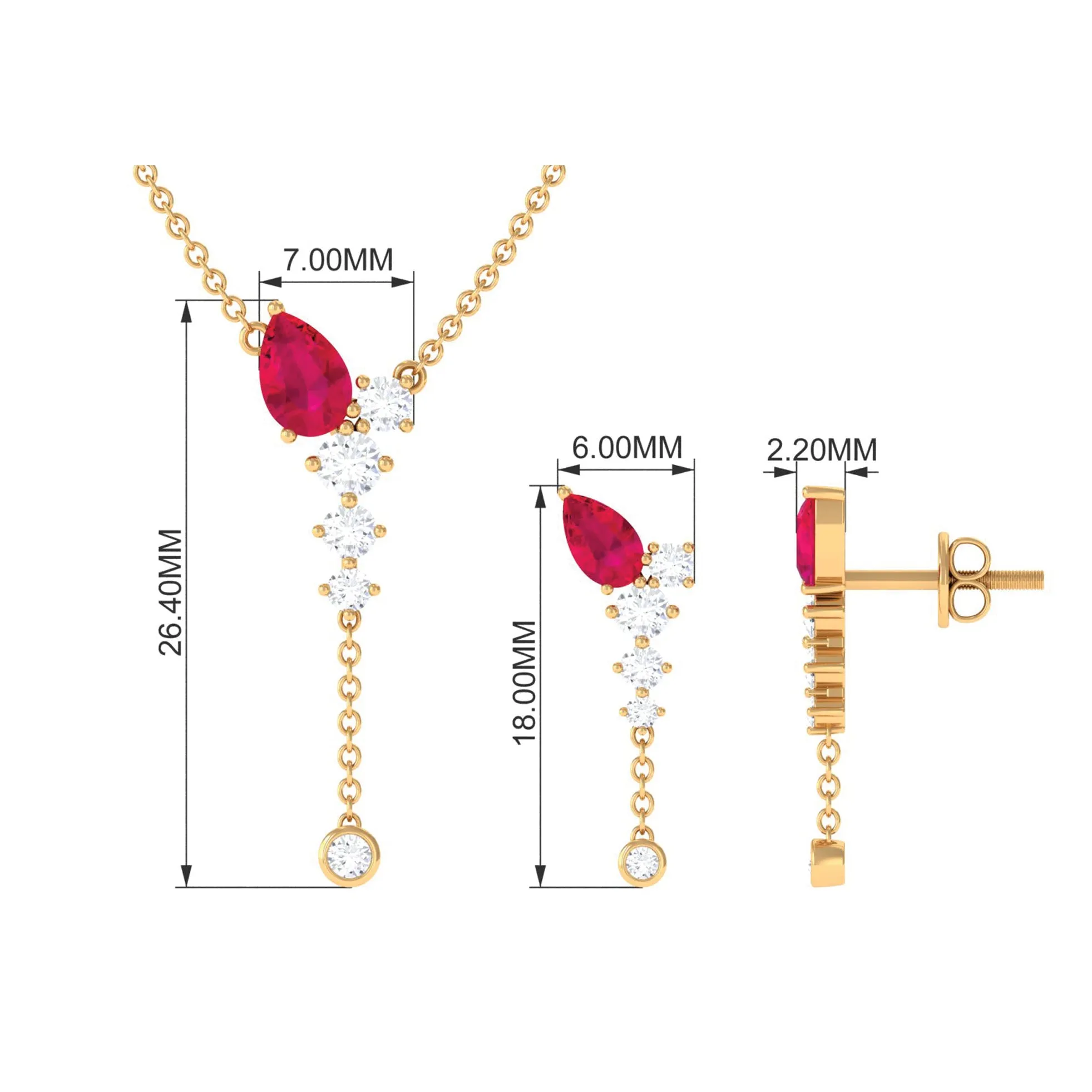 Minimal Ruby Dangle Necklace and Earrings Set with Diamond