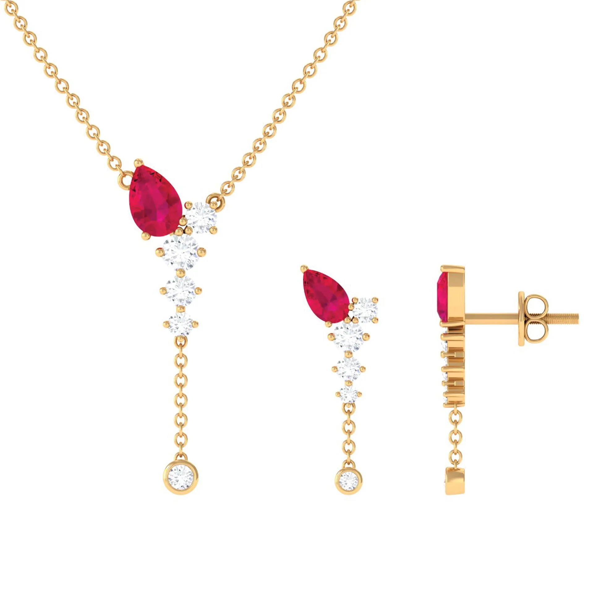 Minimal Ruby Dangle Necklace and Earrings Set with Diamond