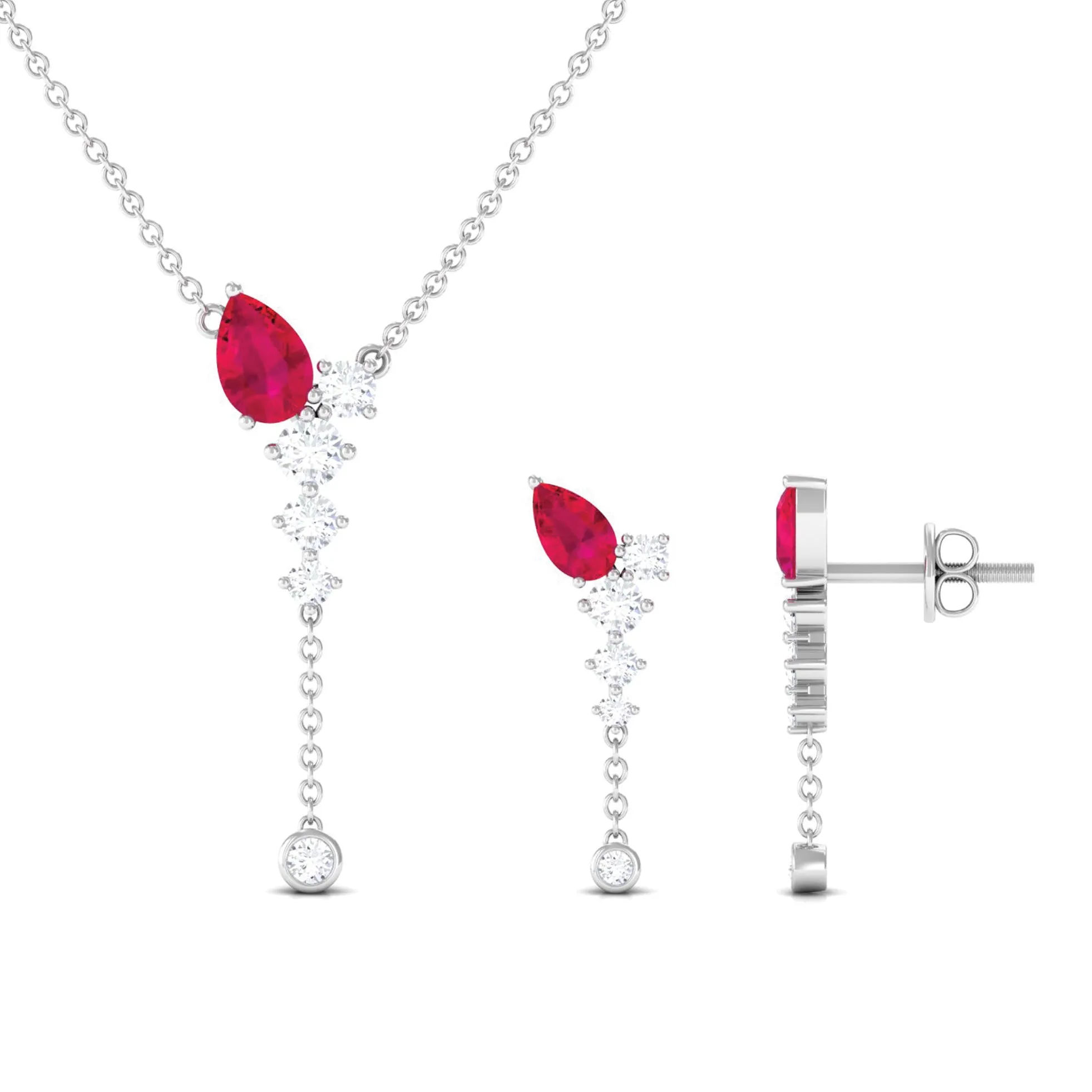 Minimal Ruby Dangle Necklace and Earrings Set with Diamond