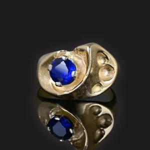 Modernist Heavy 14K Gold Sapphire Owl Ring