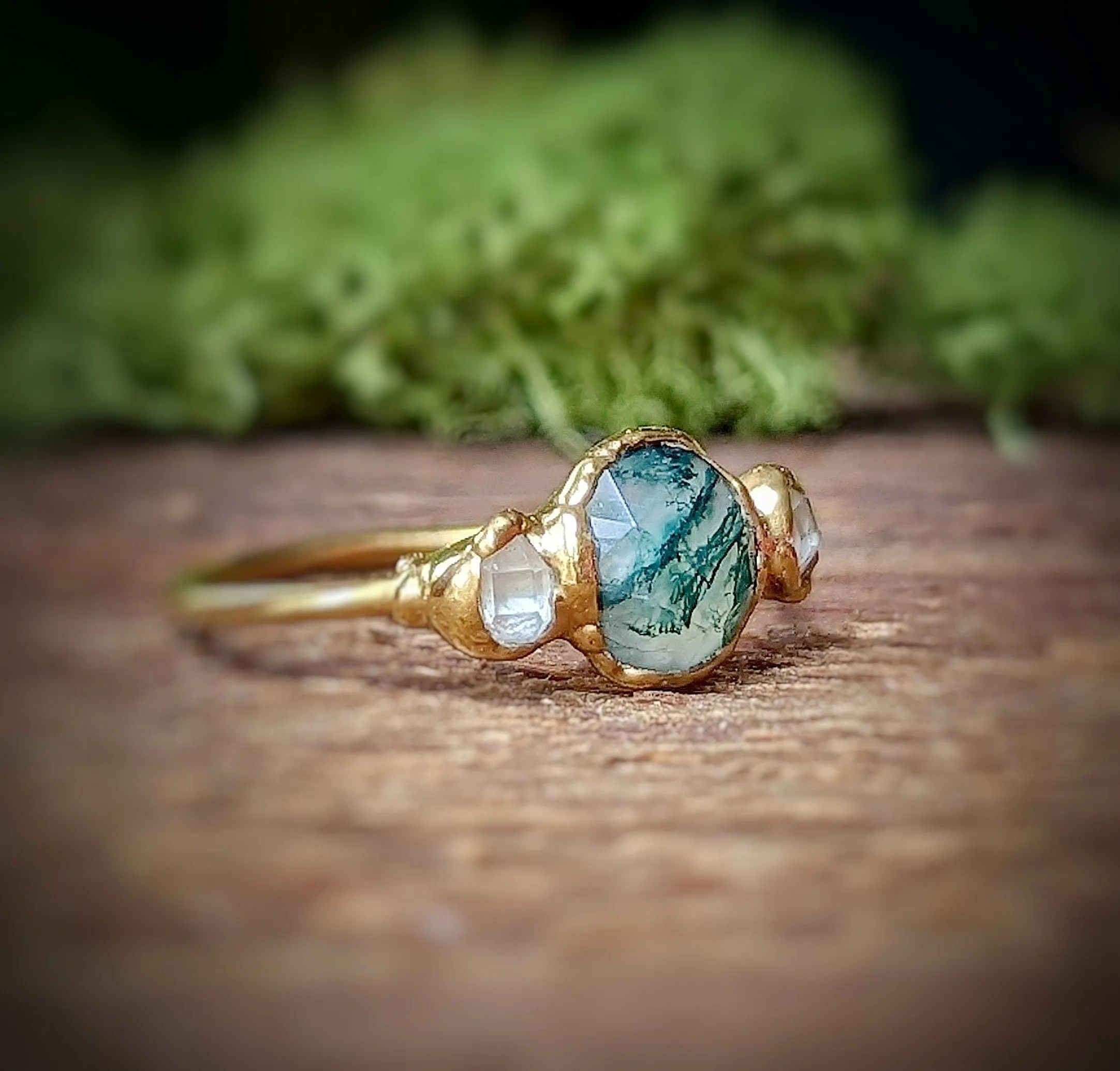 Moss Agate ring and Herkimer diamond engagement ring