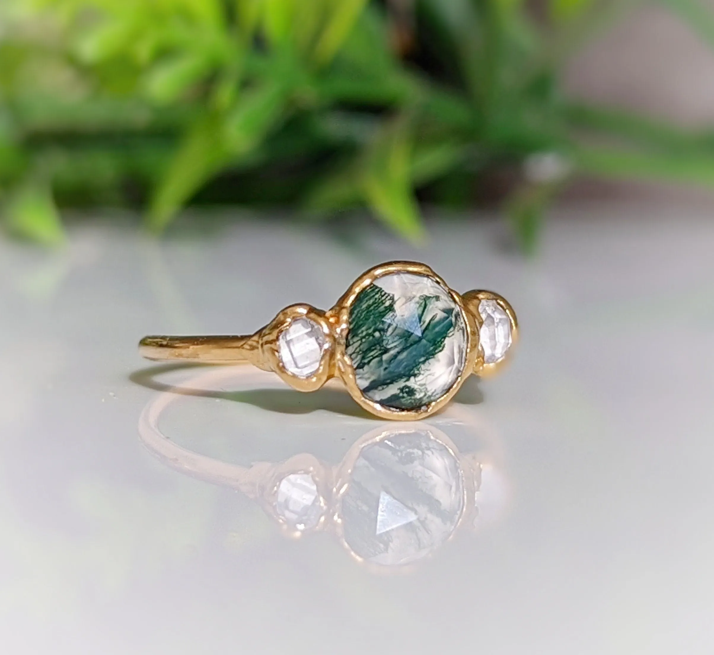 Moss Agate ring and Herkimer diamond engagement ring