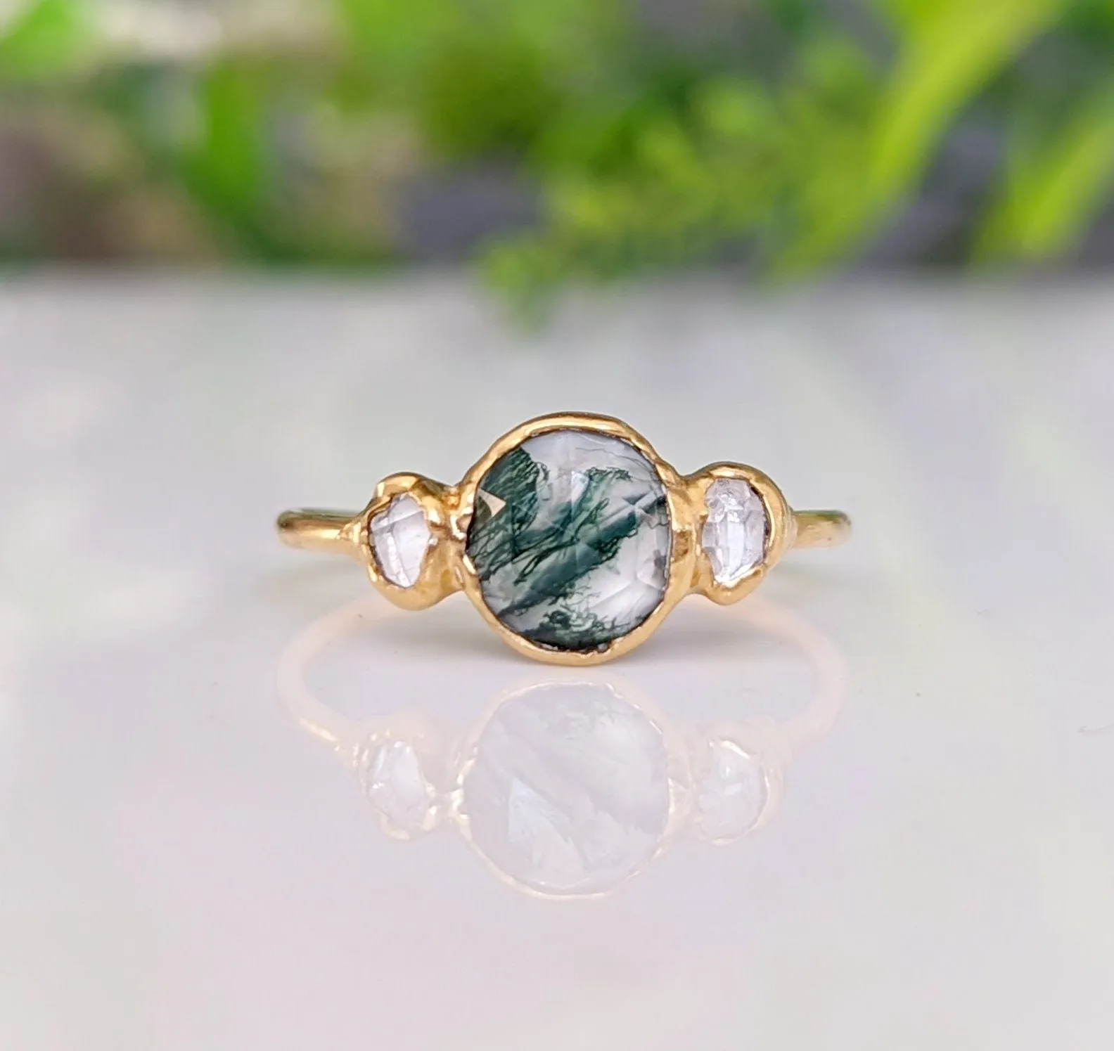 Moss Agate ring and Herkimer diamond engagement ring