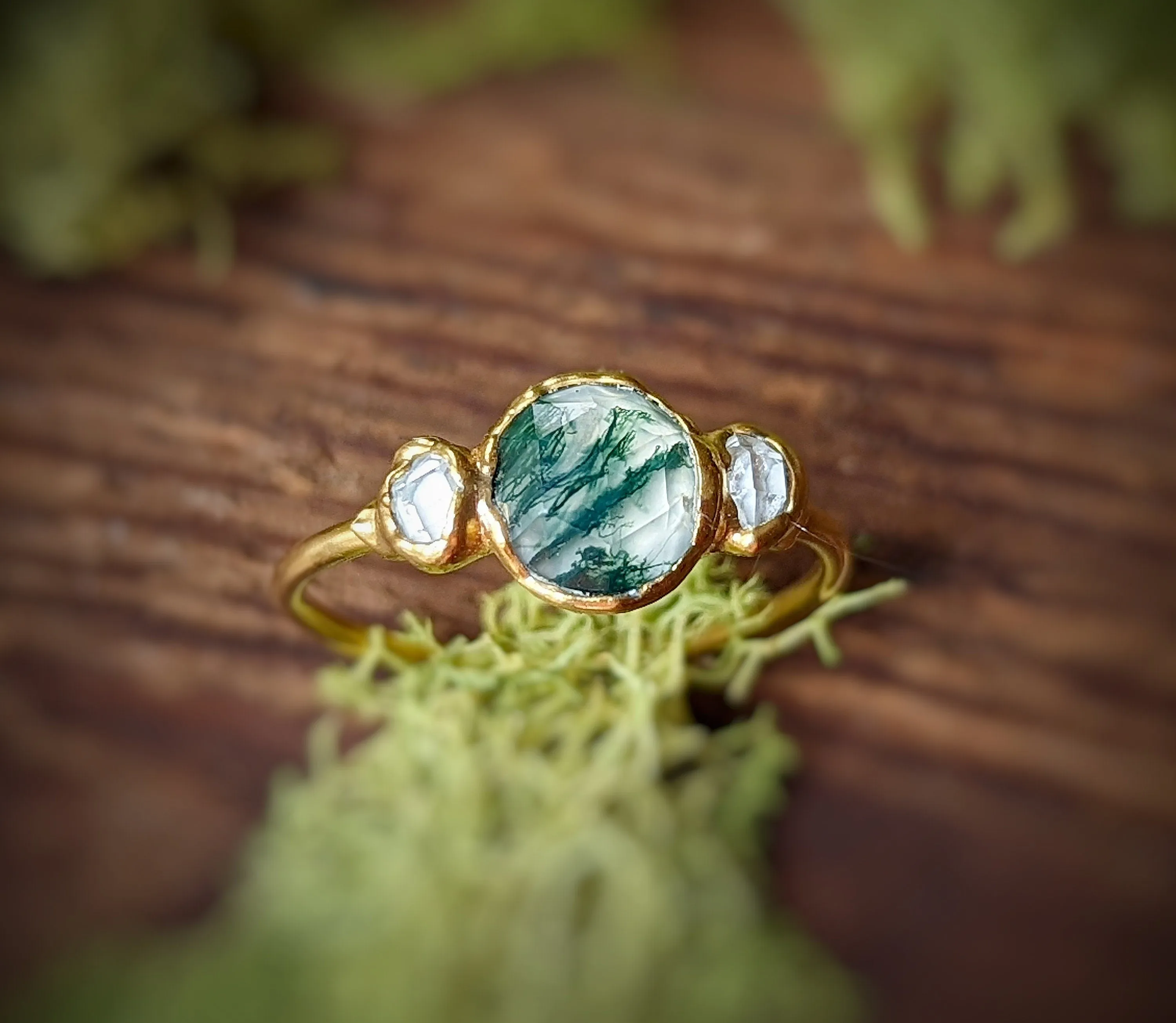 Moss Agate ring and Herkimer diamond engagement ring