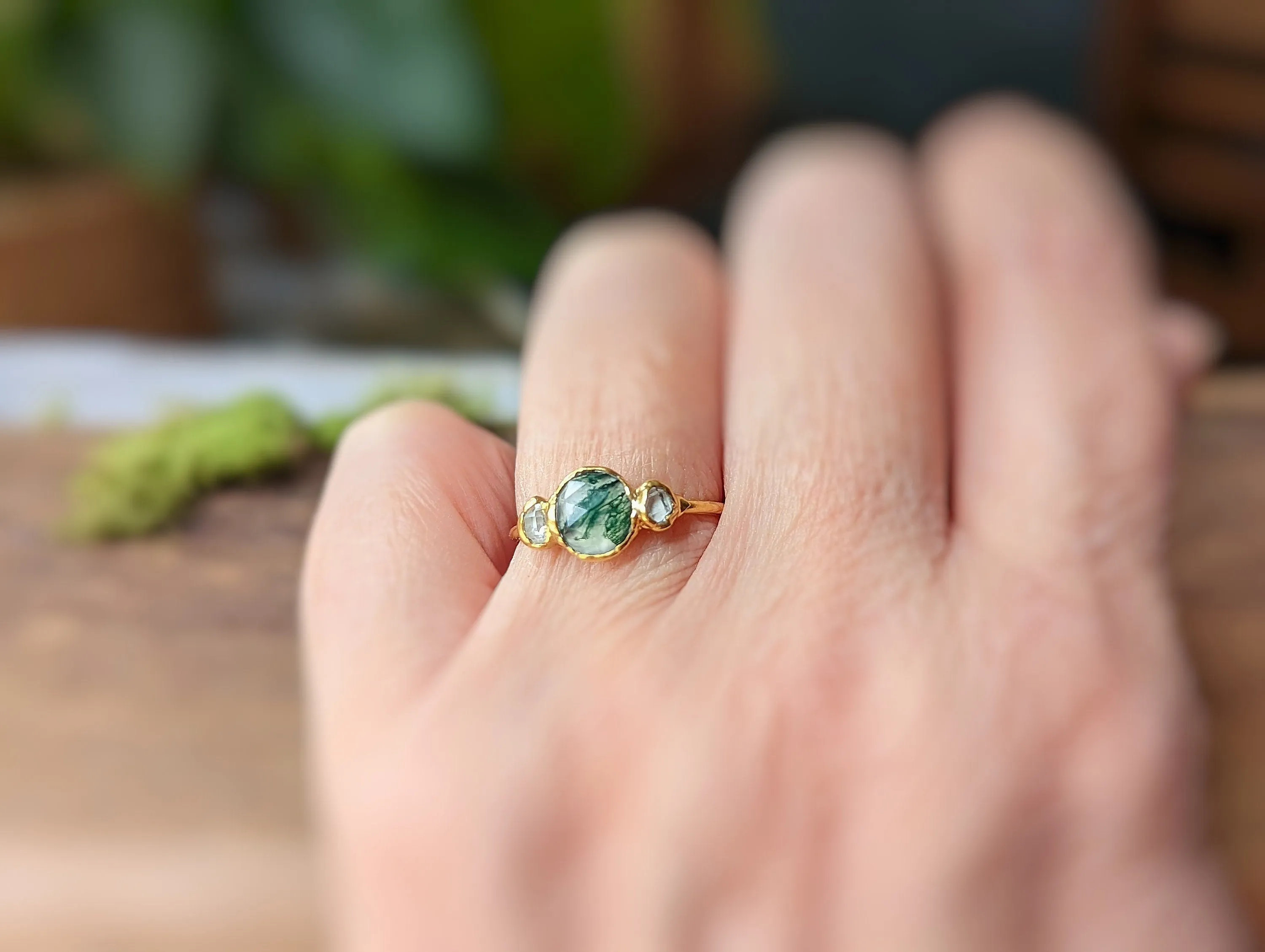 Moss Agate ring and Herkimer diamond engagement ring