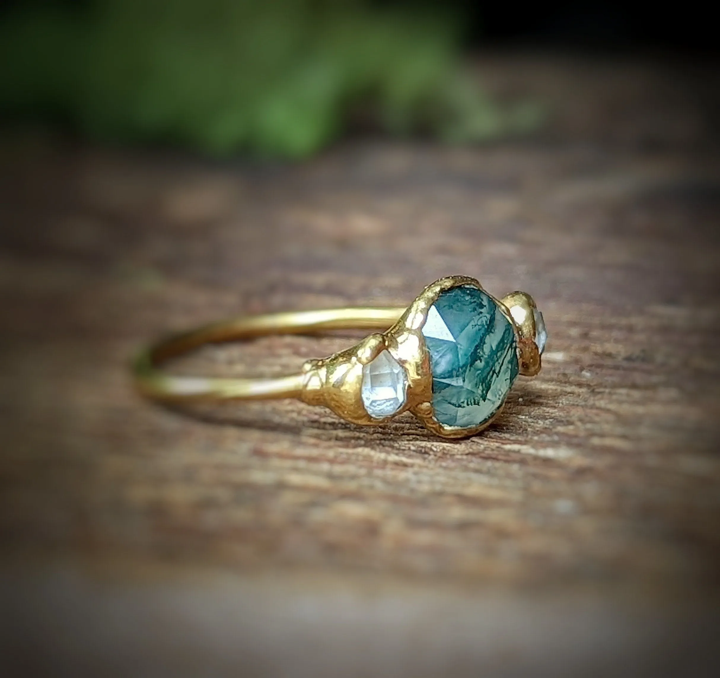 Moss Agate ring and Herkimer diamond engagement ring
