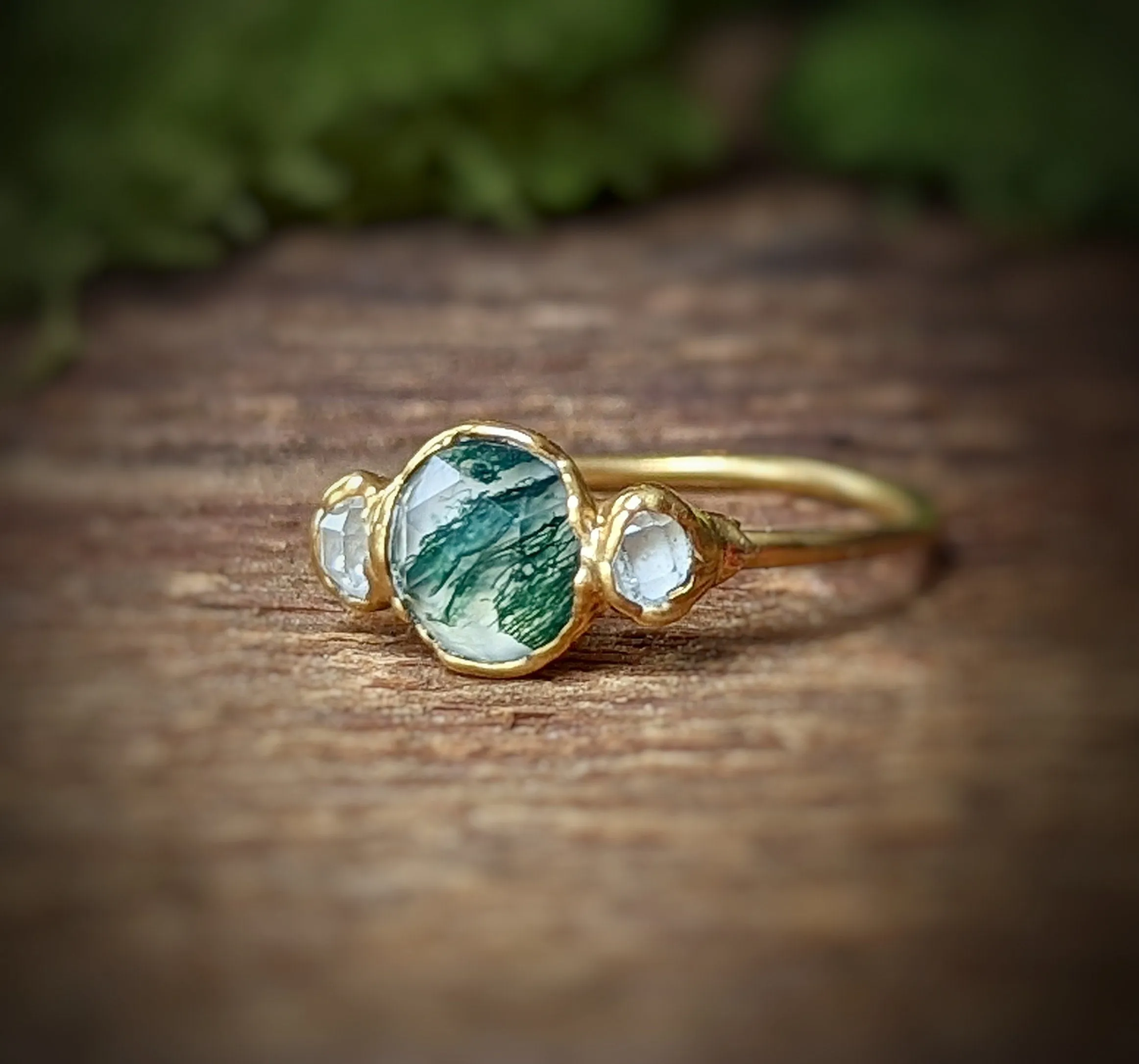 Moss Agate ring and Herkimer diamond engagement ring