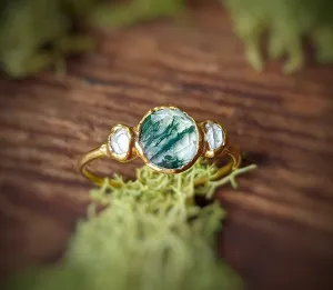 Moss Agate ring and Herkimer diamond engagement ring