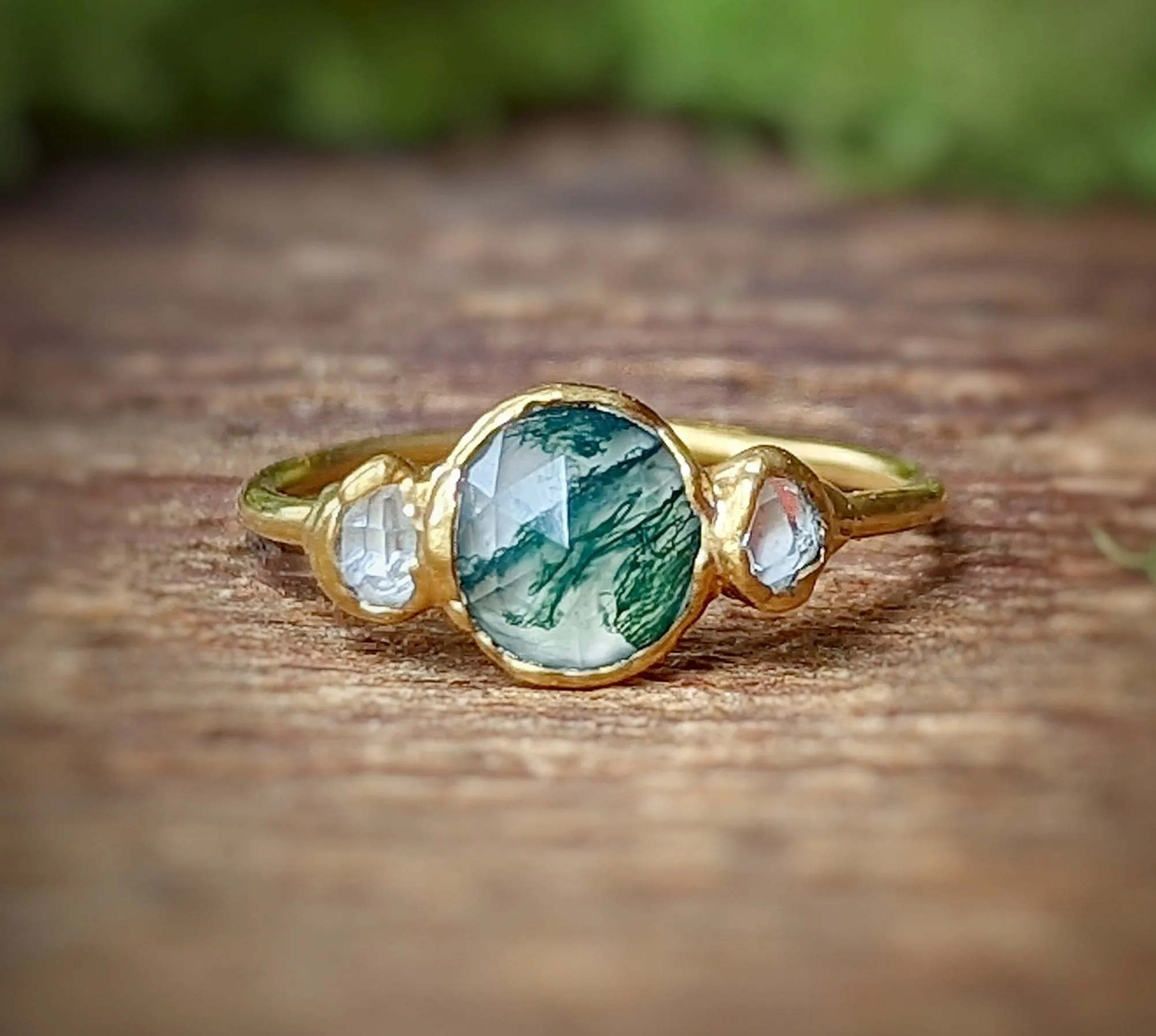 Moss Agate ring and Herkimer diamond engagement ring