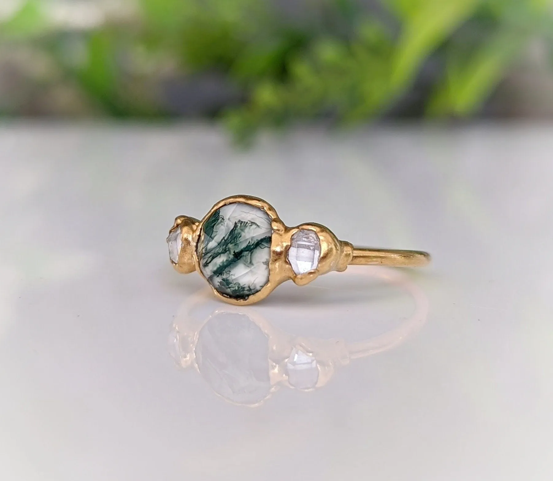 Moss Agate ring and Herkimer diamond engagement ring