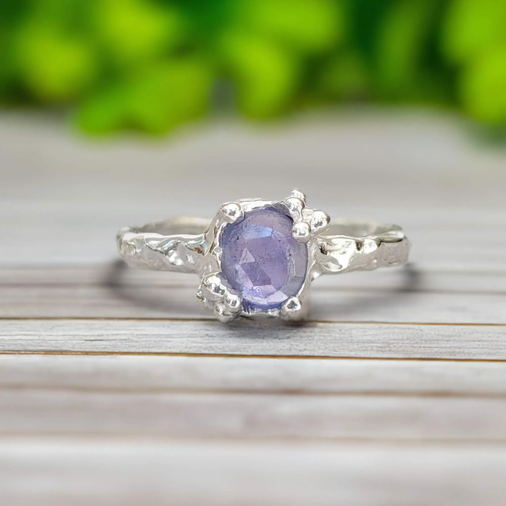 Natural Tanzanite ring - Silver textured gemstone ring