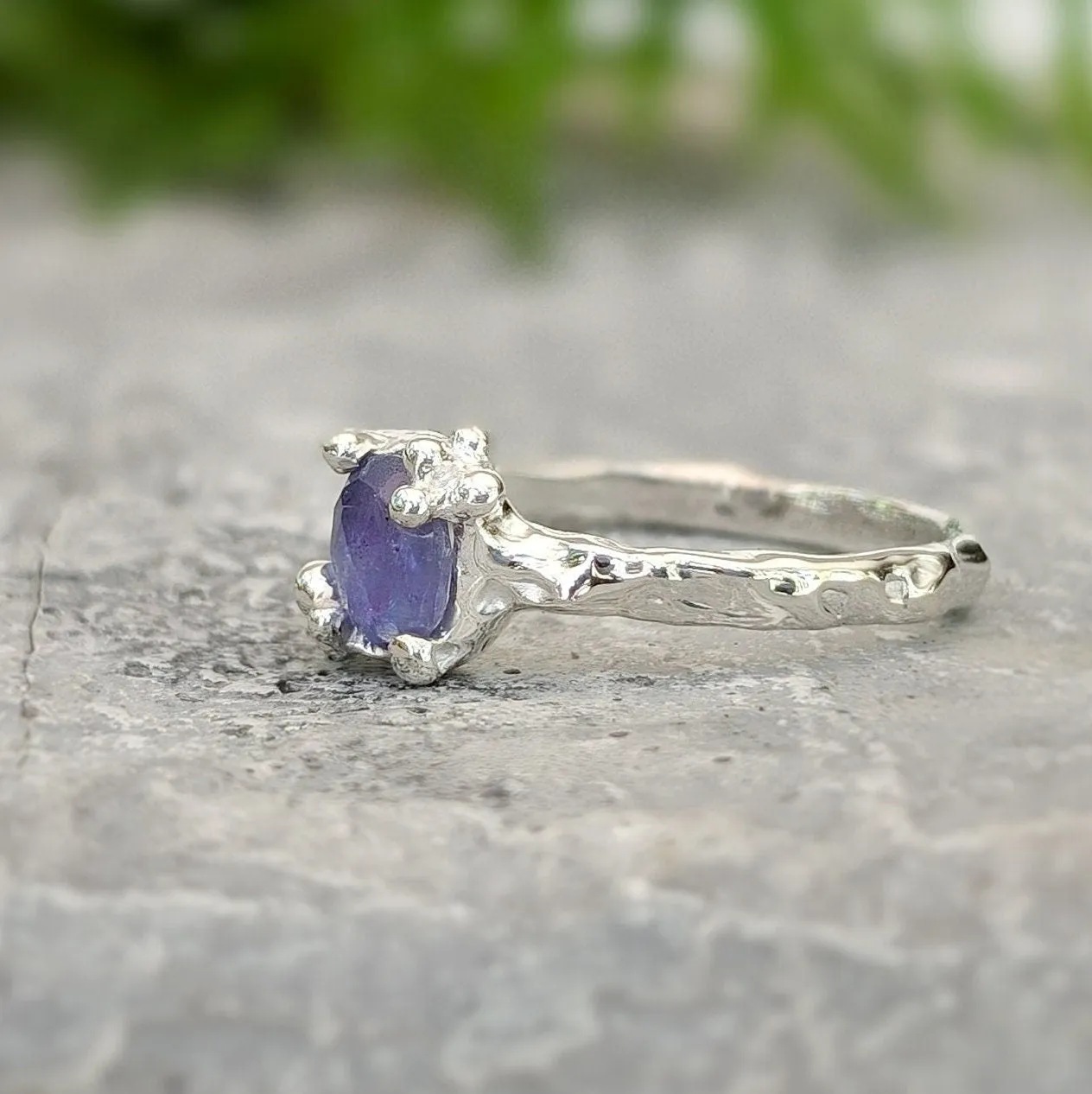 Natural Tanzanite ring - Silver textured gemstone ring
